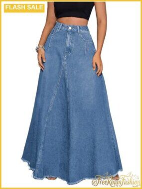 Women's High Waist Frayed Hem A-Line Maxi Denim Skirt with Pockets